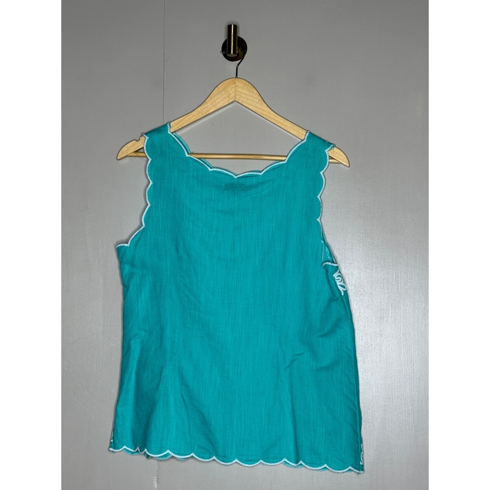 Talbots Turquoise Linen Blend Embroidered Scallop Shell Top Teal Womens Small - Picture 5 of 7
